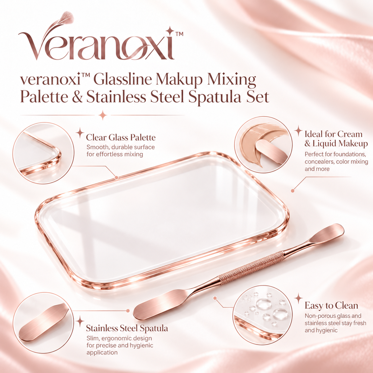 veranoxi™ Glassline Makeup Mixing Palette & Stainless Steel Spatula Set