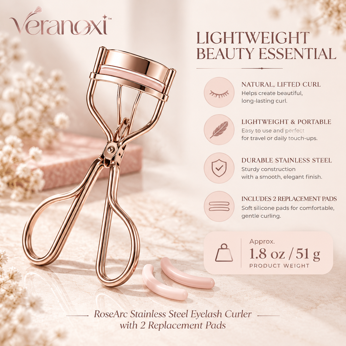 veranoxi™ RoseArc Stainless Steel Eyelash Curler with 2 Replacement Pads
