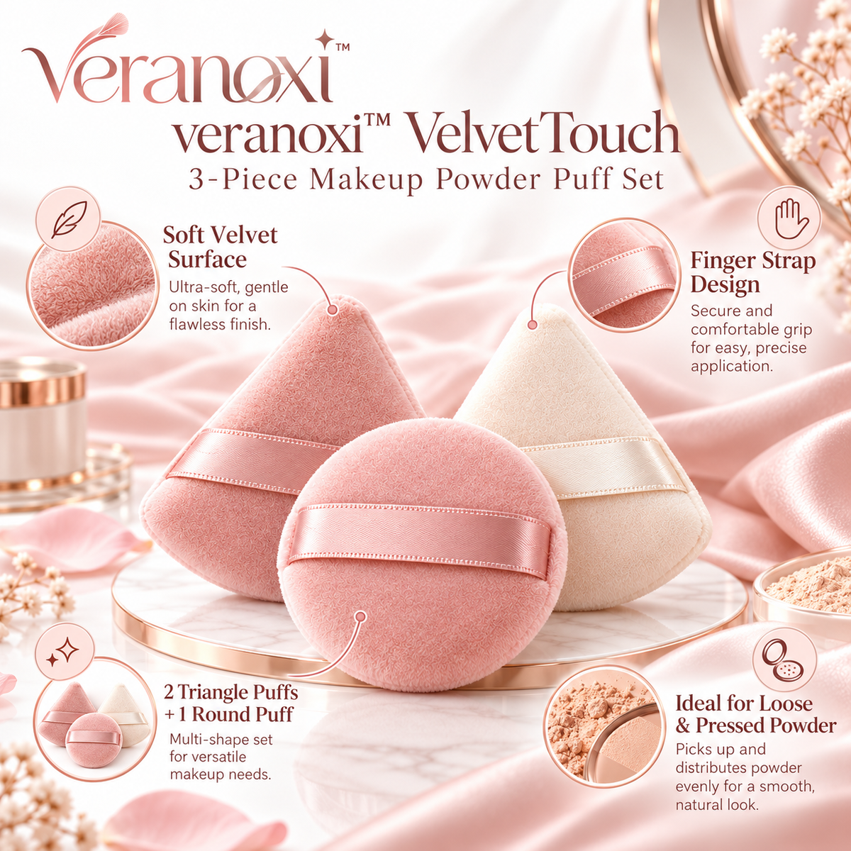 veranoxi™ VelvetTouch 3-Piece Makeup Powder Puff Set