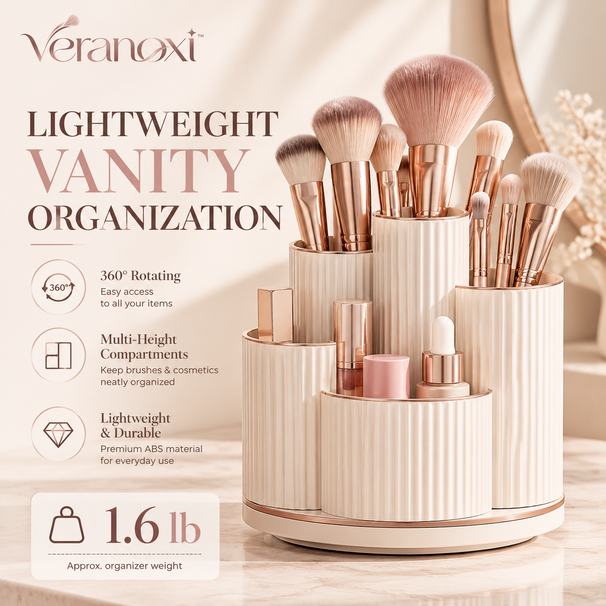 veranoxi™ Halo 360° Rotating Makeup Organizer for Brushes & Cosmetics