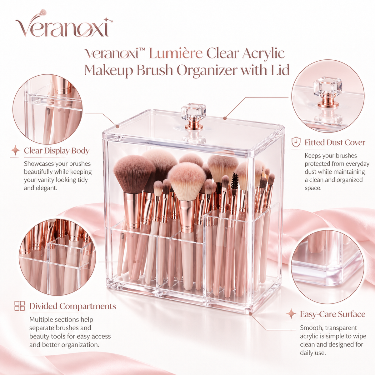 veranoxi™ Lumière Clear Acrylic Makeup Brush Organizer with Lid