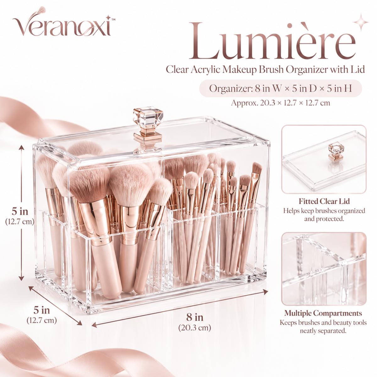 veranoxi™ Lumière Clear Acrylic Makeup Brush Organizer with Lid
