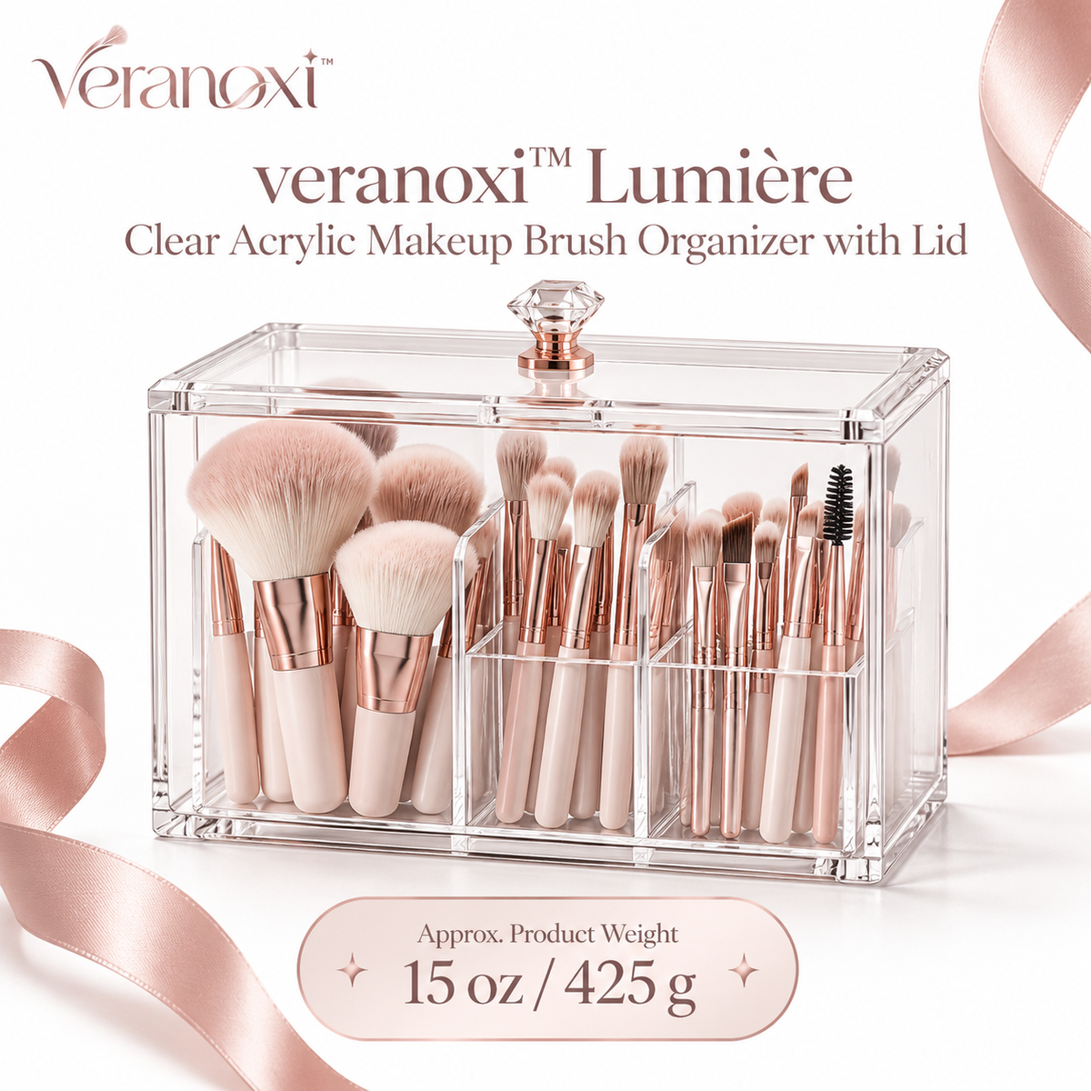 veranoxi™ Lumière Clear Acrylic Makeup Brush Organizer with Lid