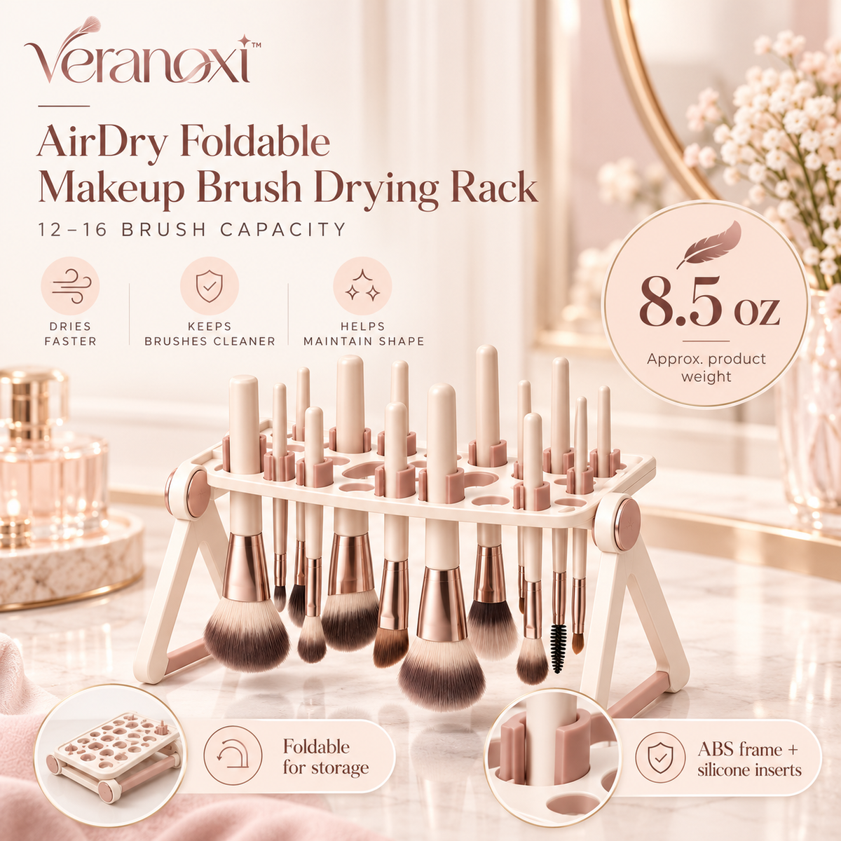 veranoxi™ AirDry Foldable Makeup Brush Drying Rack, 12–16 Brush Capacity