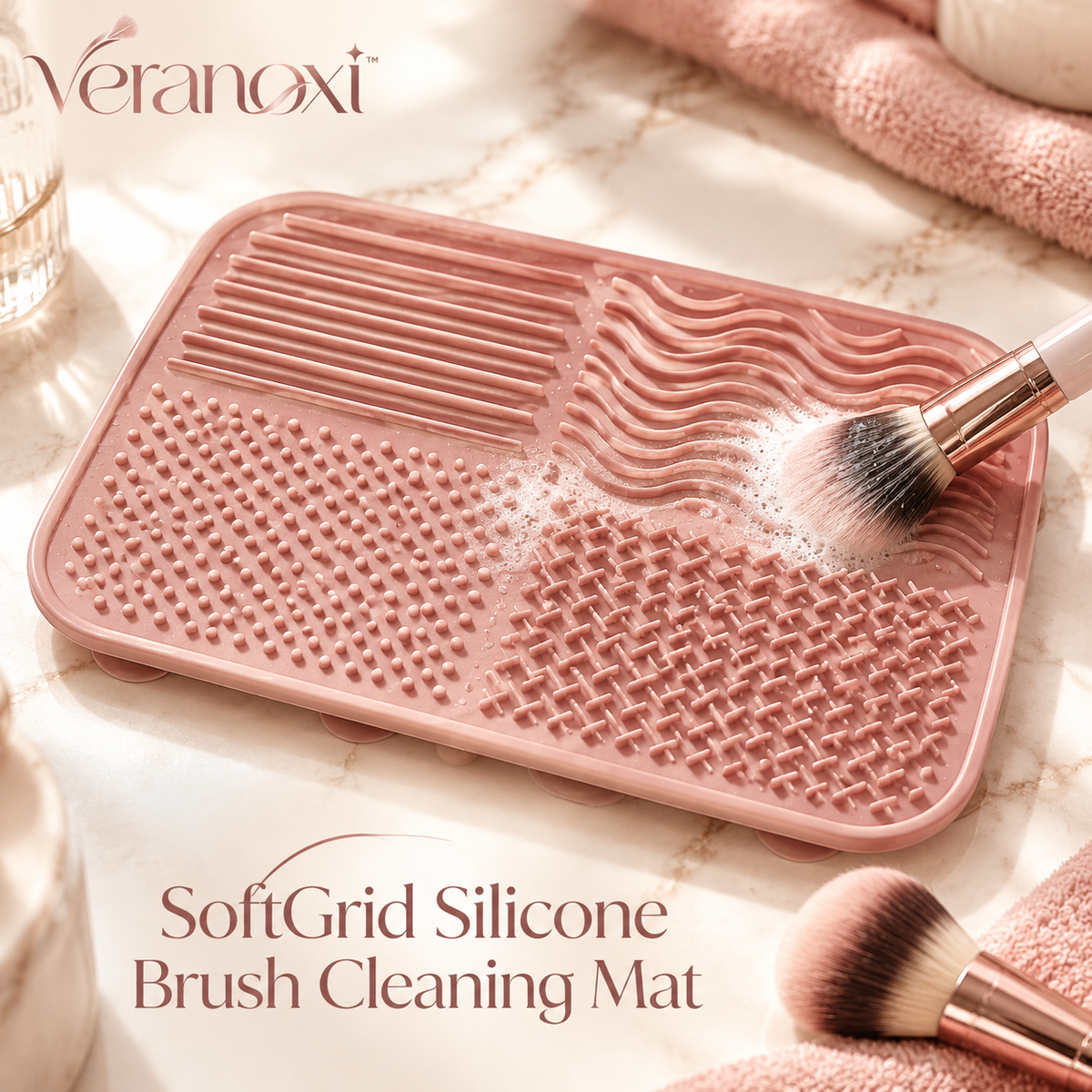veranoxi™ SoftGrid Silicone Makeup Brush Cleaning Mat with Suction Cups